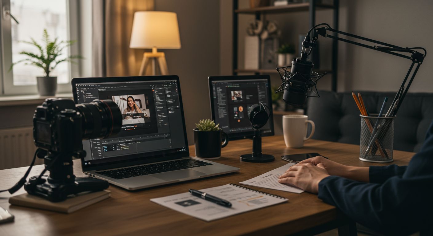 Content creator transforming blog posts into video scripts, podcasts and social media posts with AI assistance, creative workspace with camera, microphone, laptop screens showing video editing and social feed drafts