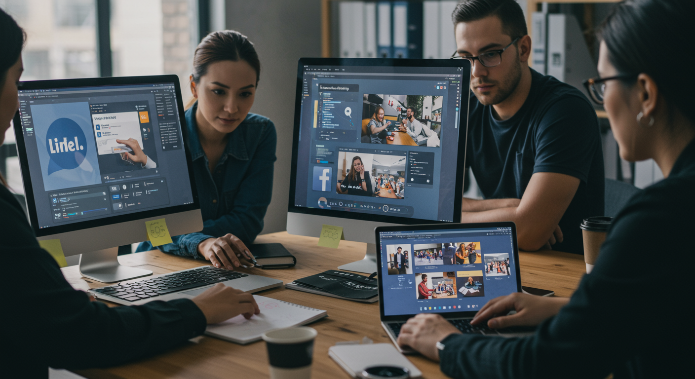 Small business digital marketing team using AI tools for automated multi-platform content repurposing on LinkedIn, Facebook and Reddit, diverse devices showing professional, casual and community engagement content
